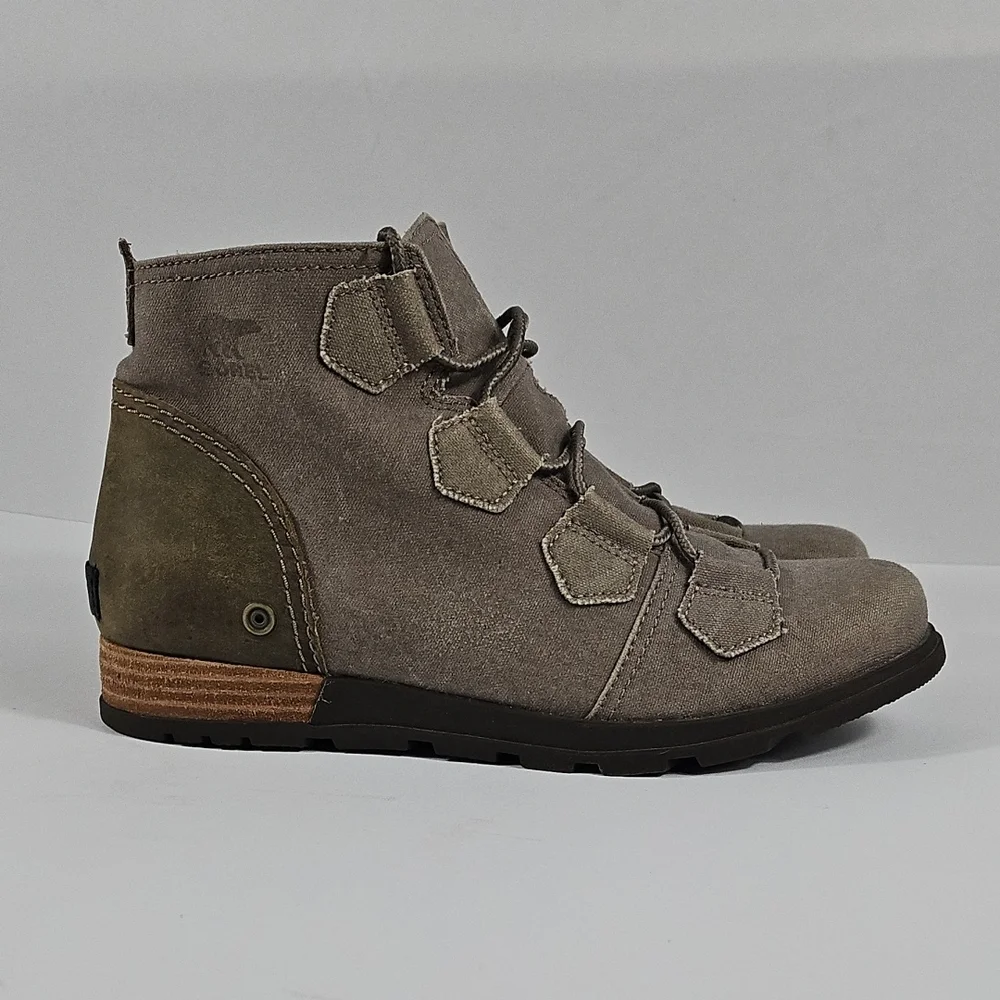 Sorel Major Taupe Grey Canvas & Leather Lace Up Ankle Boots Size 8.5